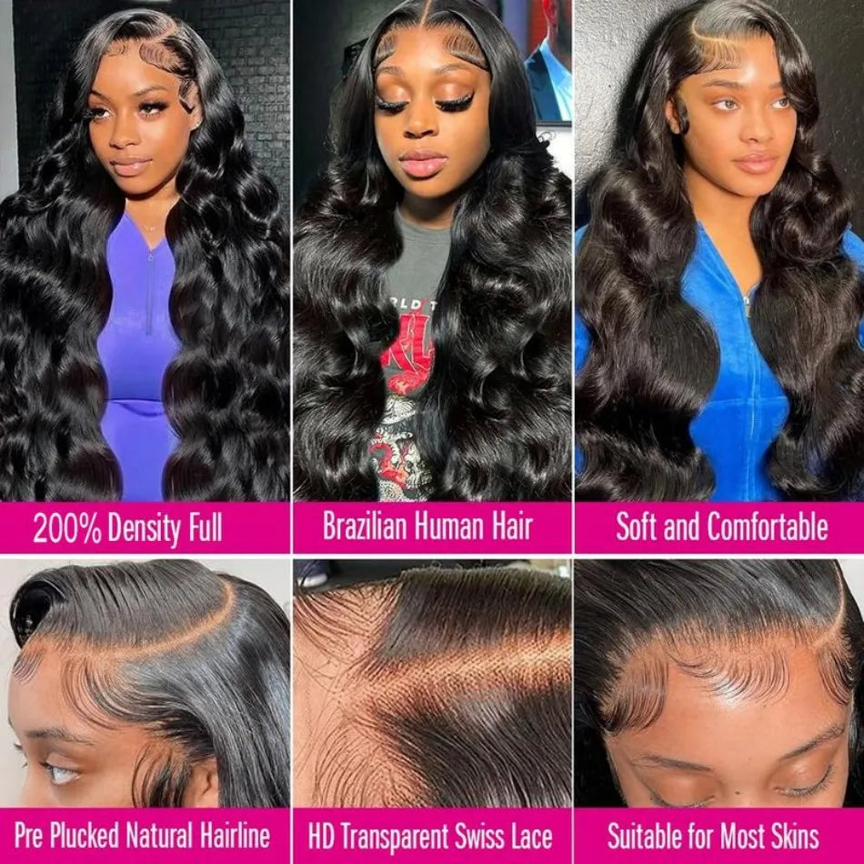250 Density Body Wave Human Hair Wigs 13X6 Hd Lace Frontal Wig Natural Black PrePlucked 30 40 Inch Brazilian Hair 100% For Women