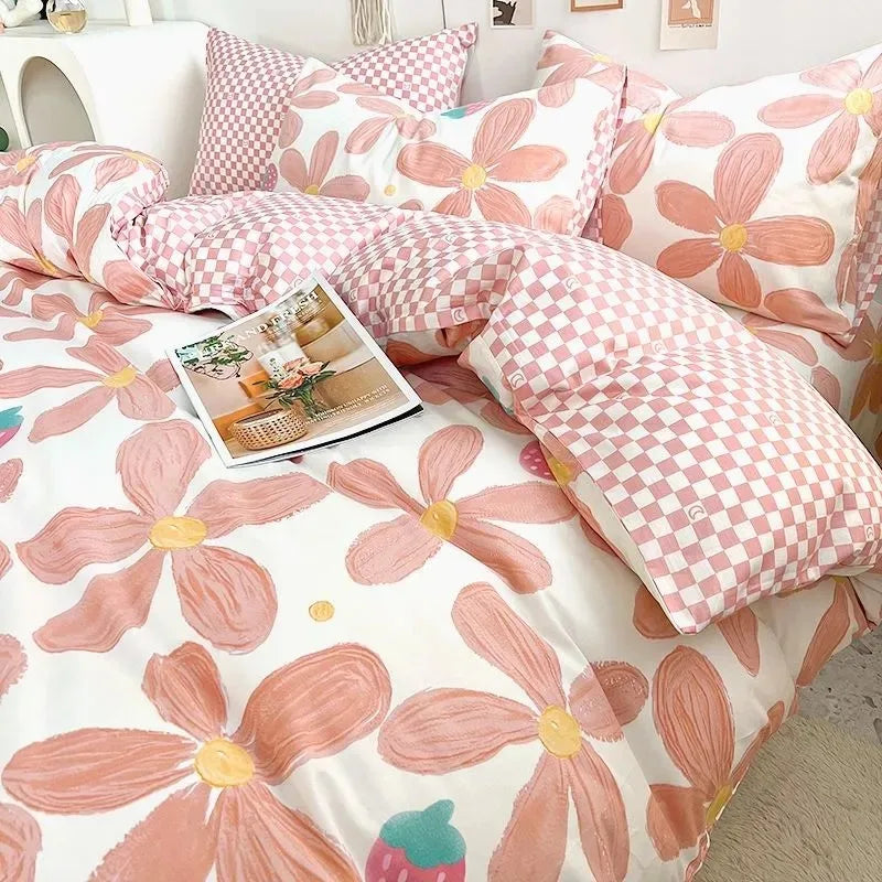 Juego de ropa de cama Kawaii para niños y adultos, sábana encimera, funda de edredón, funda de almohada, tamaño individual, doble, completo, ropa de cama floral de cerezo, textil para el hogar