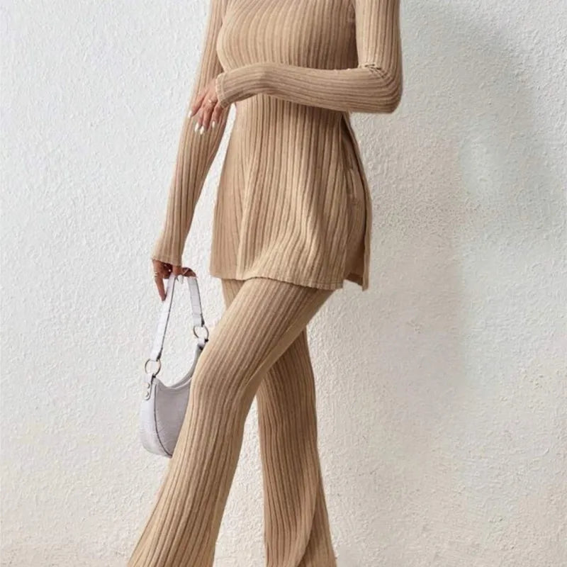 Ropa de Mujer Otoño Invierno Nuevo Estilo Color Sólido Sexy Casual Manga Larga Cuello Redondo Rajado Moda Temperamento Conjunto de Dos Piezas