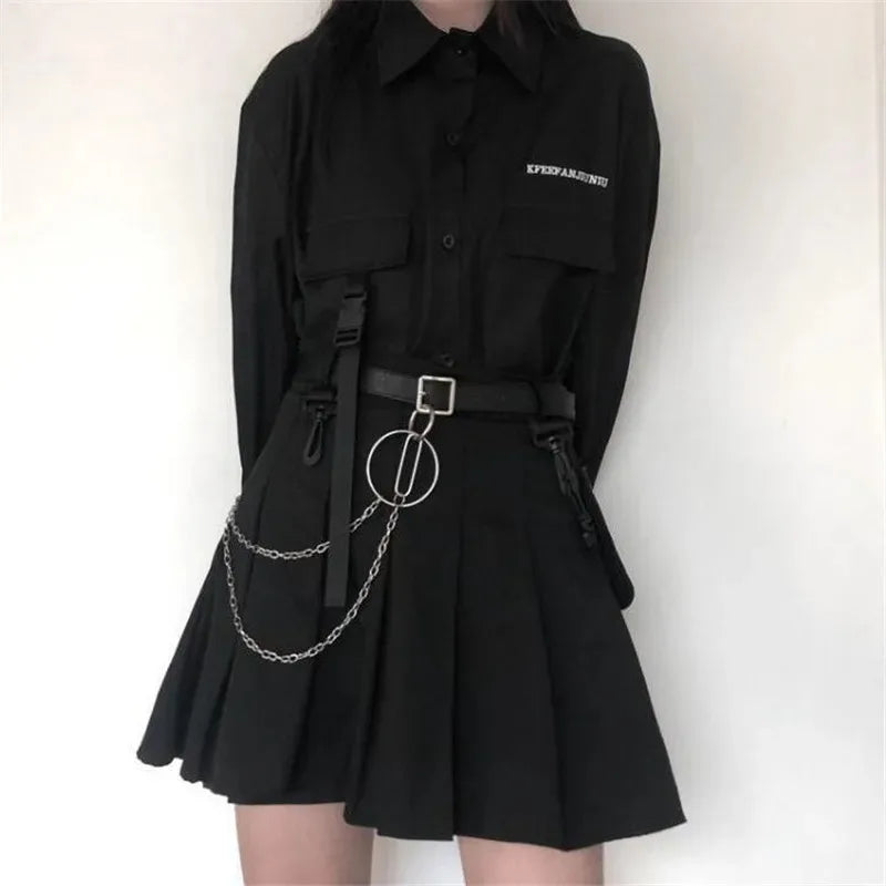 Gothic Skirt Set Long Sleeve Shirt Pleated Skirt 2 Piece Sets Women's Dark Clothes Korean Retro Casual Outfit Fashion Y2k Suit