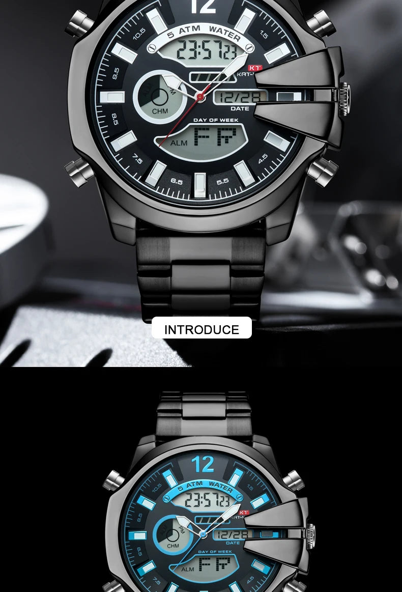 KAT-WACH Men Big Dial Wrist Watches Gold Top Brand Luxury Male Clock 2024 Gold Black Quartz Dual Display Chronograph Dropship