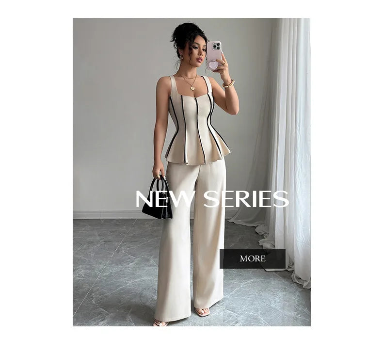 Two Piece Sets Women Pant Set Sleeveless Matching Sets Ruffles Tops Y2k Streetwear Elegant Work Wide Leg Long Pants High Waist