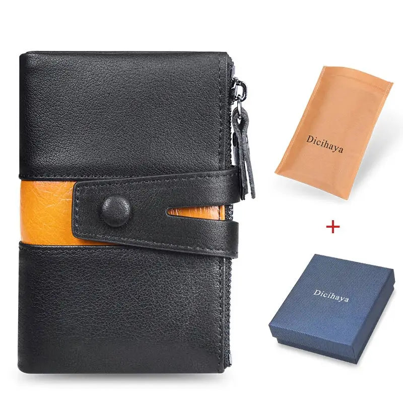 Cartera de piel auténtica para hombre, diseño de lujo, cartera corta plegable, monedero vintage con broche para monedas, bolsillo multifuncional para tarjetas