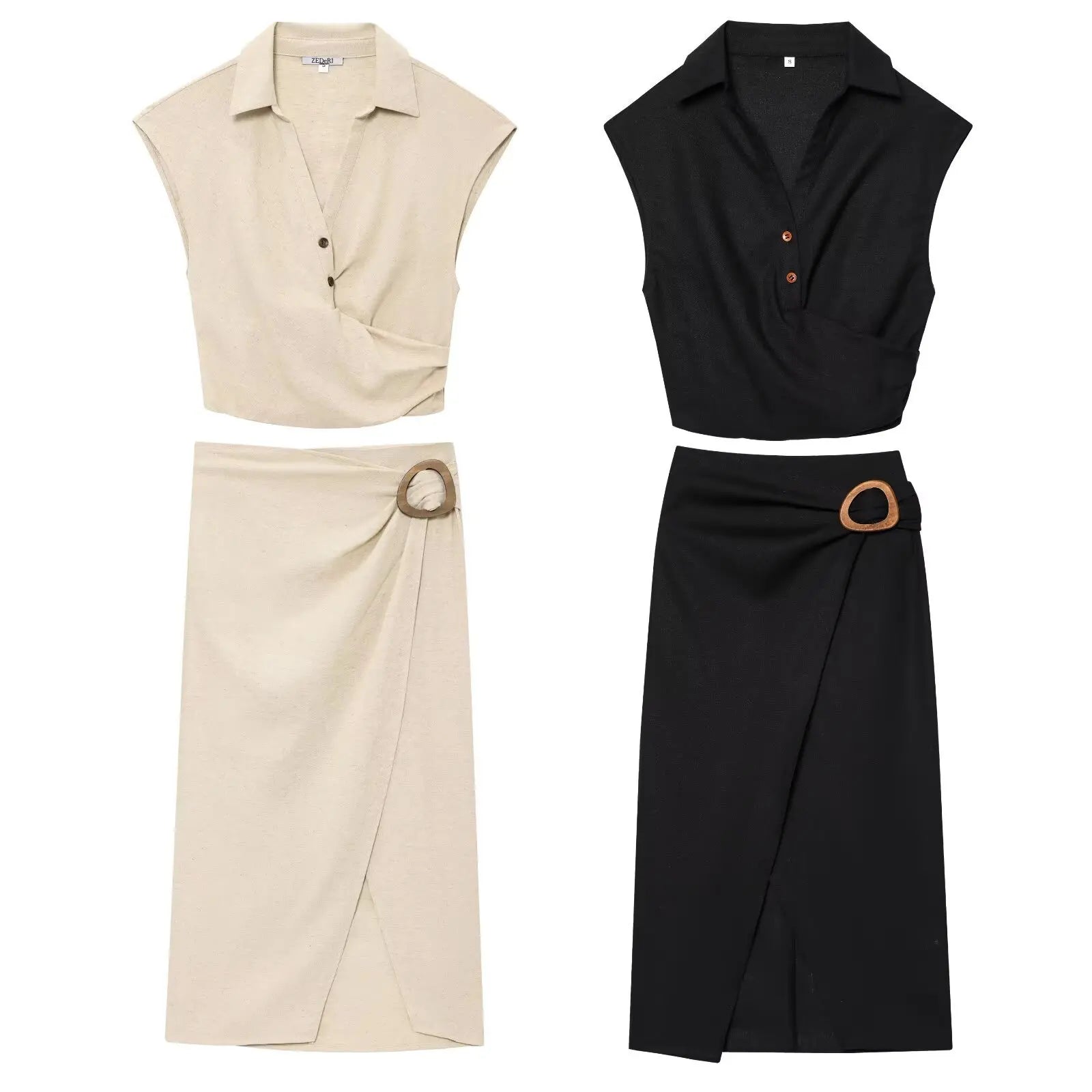 New Women's Suit Summer Suit Casual Simple Multifunctional Pleated Lapel Sleeveless Short Top Paired with Buckle Slit Skirt