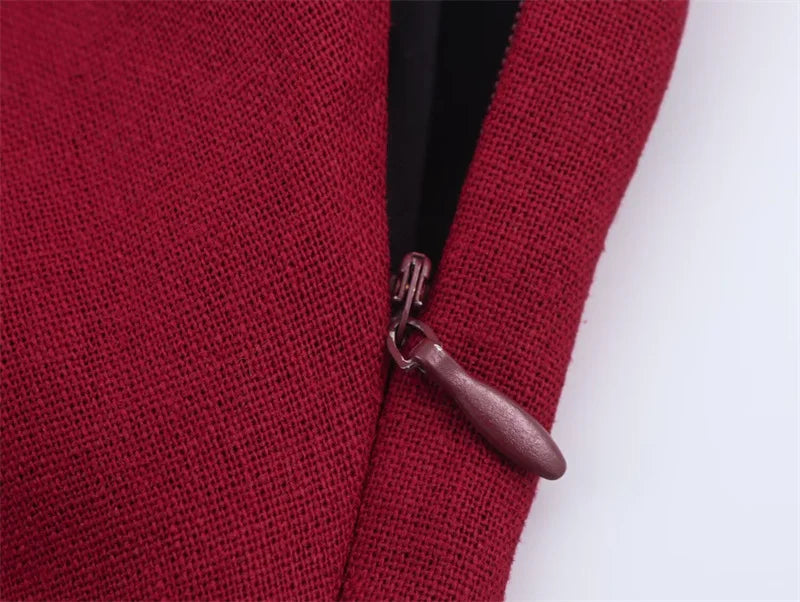 Women's New Dress Summer Red Linen Blend Pleated Midi Dress Irregular Collar Design Sexy Fashion Sense of Luxury