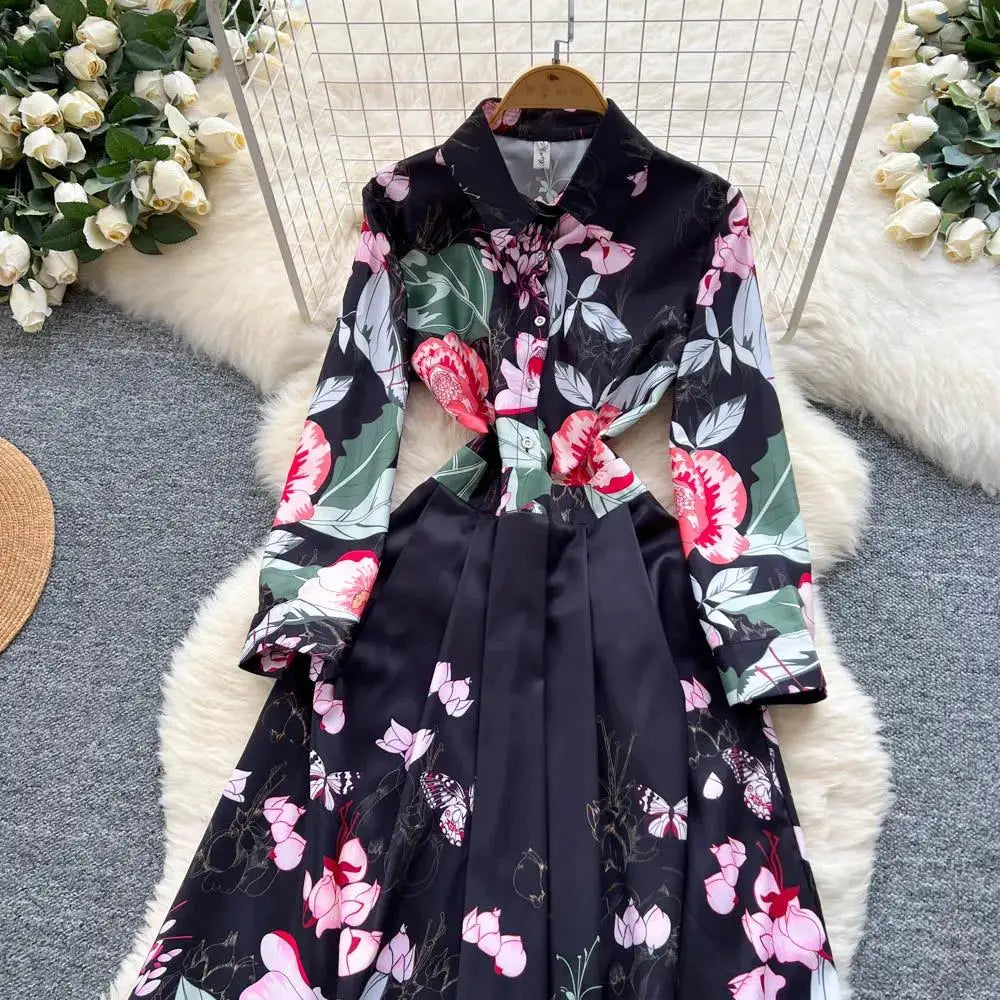 Fashion High-End Feeling Gown Dress Elegant European Court Style Long Printed Slimming New Women's Design Sensation Retro Summer