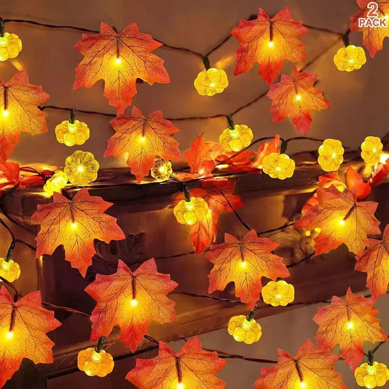1.5M Fall Garland with Pumpkin Lights Halloween Decoration Maples Leaves String Lights Fall Light Thanksgiving party home decor
