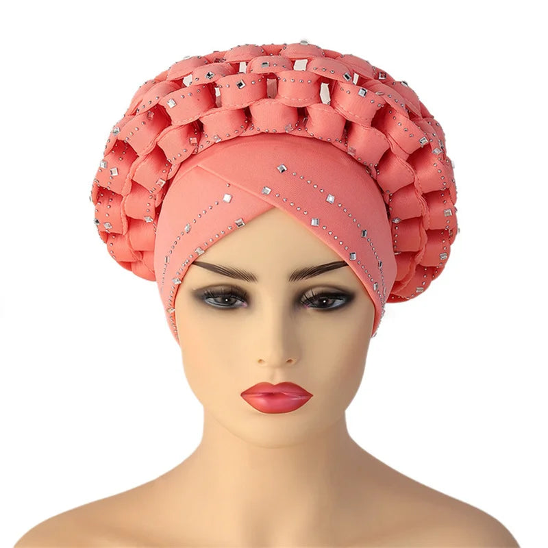 Rhinestone Auto Gele Headwrap – Sparkling African Elegance