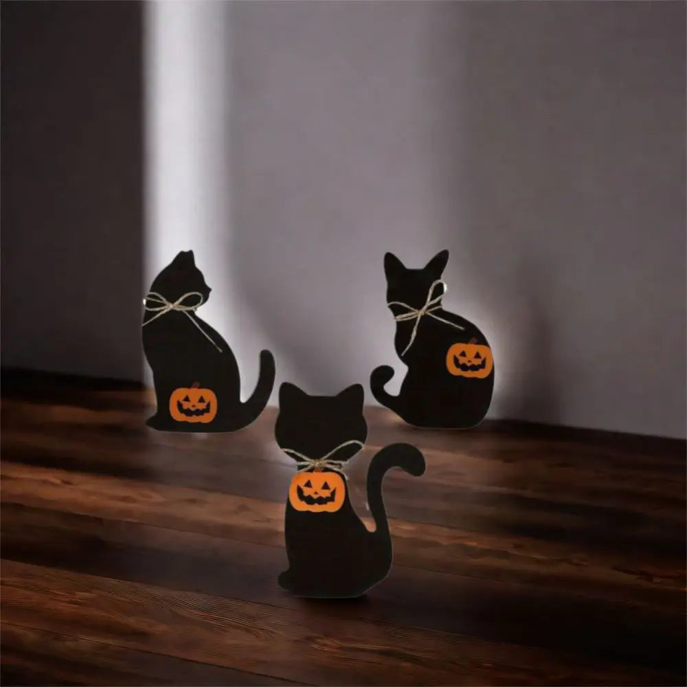 3pcs Table Centerpiece Decoration Wooden Halloween Black Cat Ornament Cute Decorative Cat Sculpture Vivid Animal Statue Tabletop