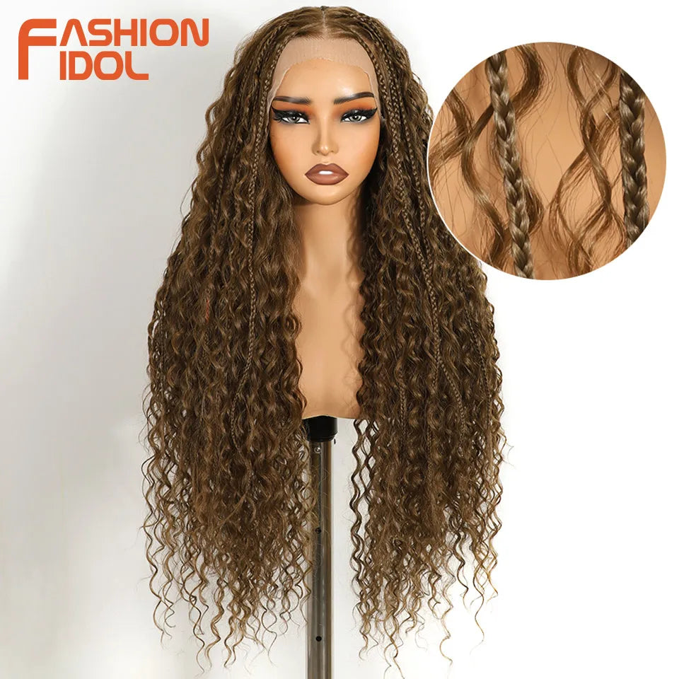 FASHION IDOL 13X4 Box Twist Braided Lace Wig For Black Women Synthetic Lace Frontal Wigs Blonde Faux Locs Wig Goddess Braids Wig