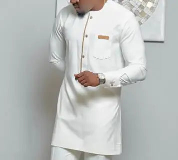 Nouveauté été mode Dashiki africain hommes manches longues col rond polyester blanc grande taille T-shirt M-4XL sans pantalon