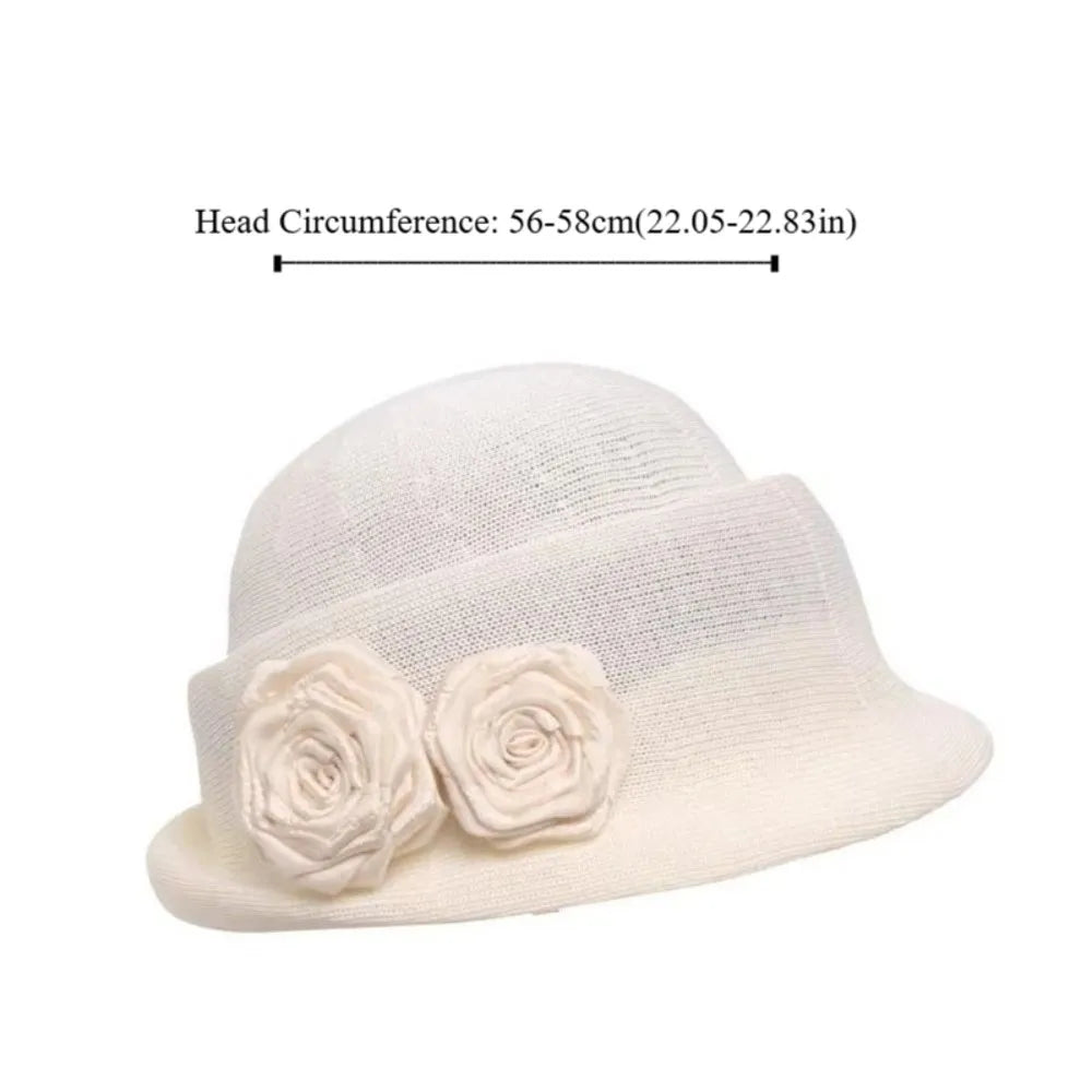 Vintage French Style Camellia Flower Cap Curl Brim Hepburn Floral Bowler Hat Elegant British Women's Formal hat Lady