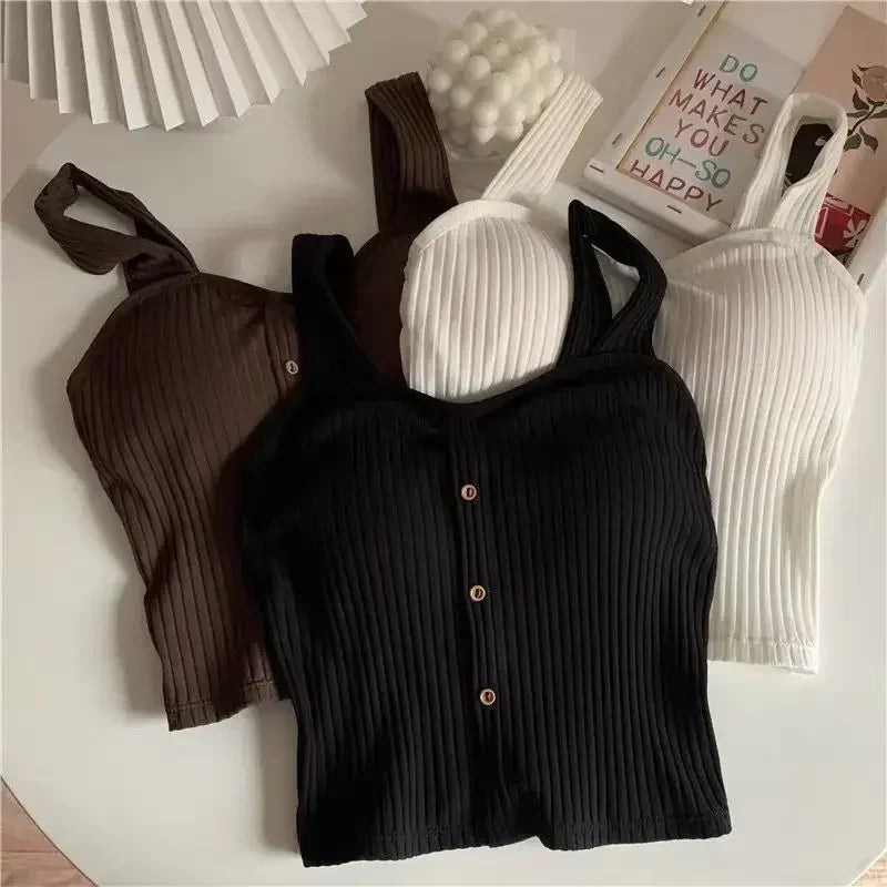 Women's Cropped Tops with Bra Pads Summer 2025 Corset Korean Suspenders Vest Sexy Slim Camisole