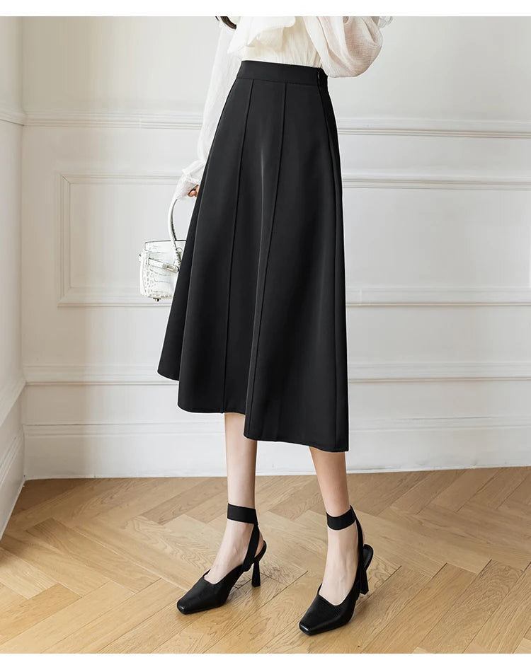 Women's Skirt Spring Women High Waist Solid Vintage Girl's Waist Down Skirt Knee-length A-line Fashion Thin Skirt for Women