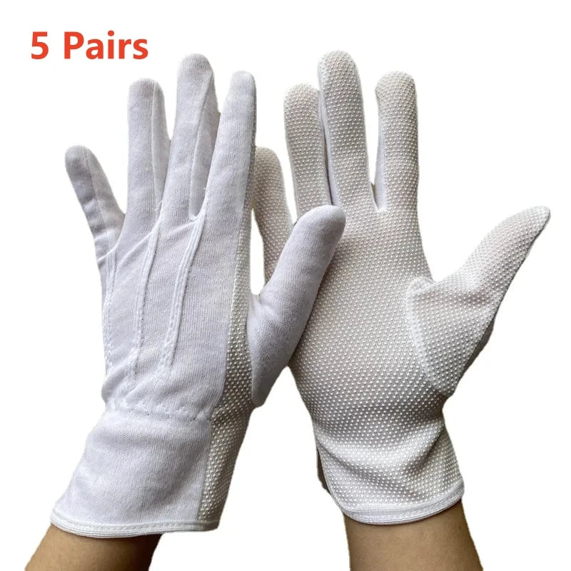 2/5Pairs White Work Gloves for Men Women Non Slip Dots Gloves Cotton Gloves for Costume Guard Tuxedo Formal Jewelry Inspection
