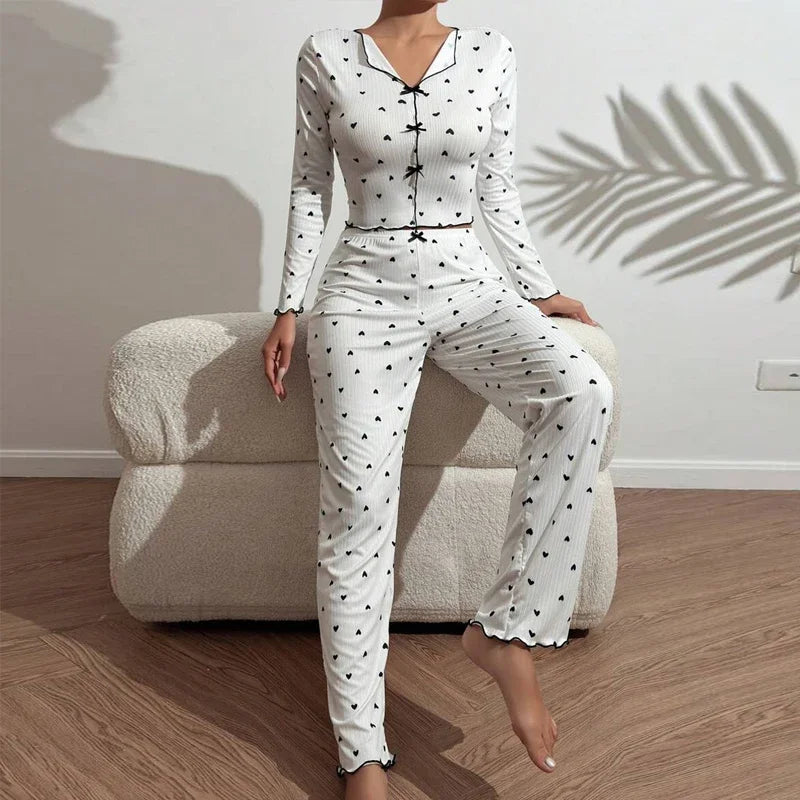 Spring Summer Sleepwear Pajamas Sets for Women 2 Pieces Long Sleeve Tops Long Pants Set Night Wear Pijamas