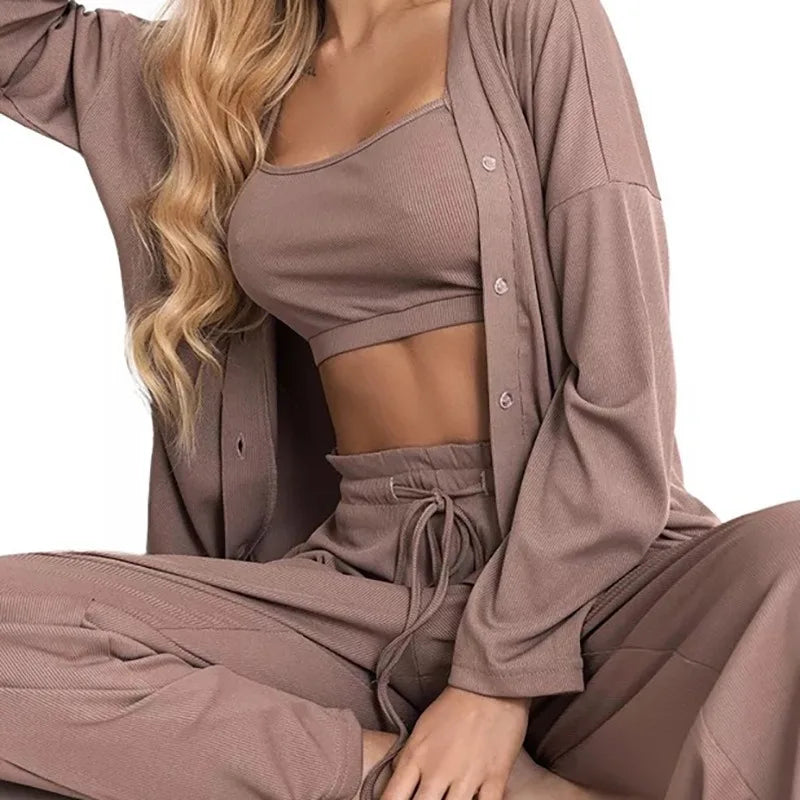 Conjuntos de pijama de otoño acogedores para mujer, 3 piezas, ropa de casa informal con top de tirantes, pantalón y cárdigan, talla grande, ropa de descanso suave para mujer