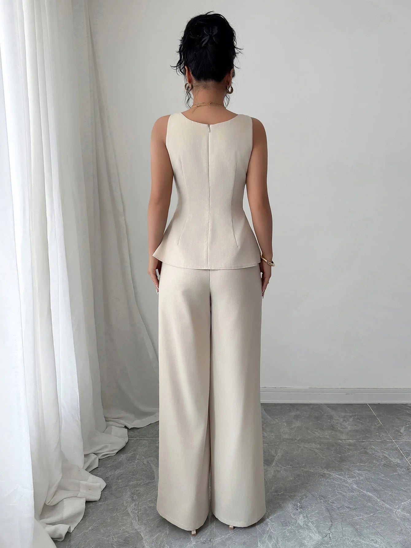 Two Piece Sets Women Pant Set Sleeveless Matching Sets Ruffles Tops Y2k Streetwear Elegant Work Wide Leg Long Pants High Waist
