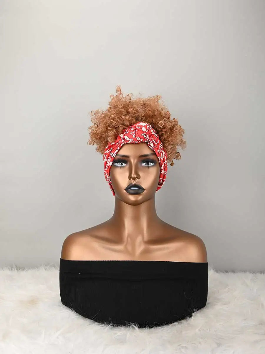 Headband Wig Curly Headband Wig With Bangs For Women Synthetic Afro Curly Hair Wig With Headband Attached Short Kinky Curly Afro High Puff With Bangs Stripes Short Red Curly Wigs with Bangs for Women, Natural Wavy Synthetic W