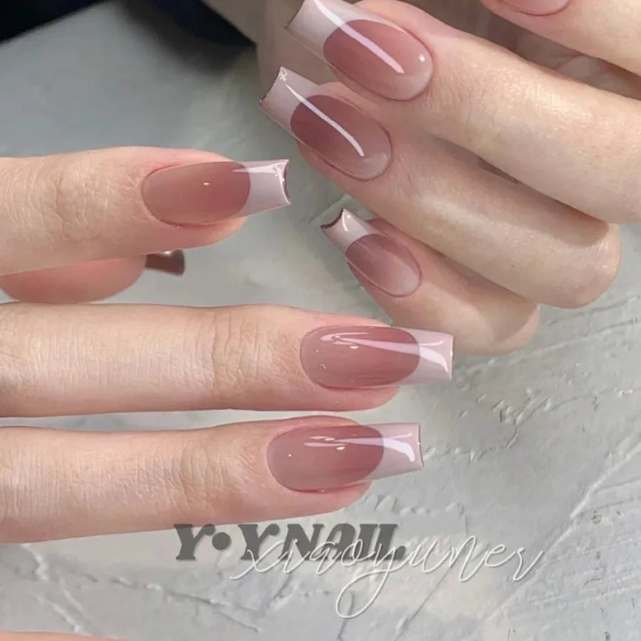 White French False Nails Nude Color Sweet Press on Nails Almond Full Cover Fake Nails Finished Fingernails Art for Bride Wedding