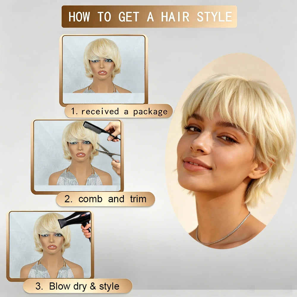 Natural 613 Platinum Blonde Short Layered Pixie Bob Human Hair Wig with Bangs, Lightweight Voluminous Layered Blonde Pixie Bob Wig with Fringe, Full Machine Made Light Yaki Style for Women Daily Wear