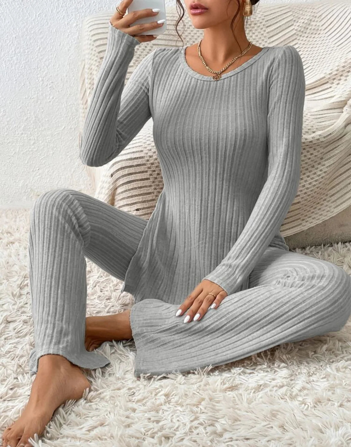 Ropa de Mujer Otoño Invierno Nuevo Estilo Color Sólido Sexy Casual Manga Larga Cuello Redondo Rajado Moda Temperamento Conjunto de Dos Piezas