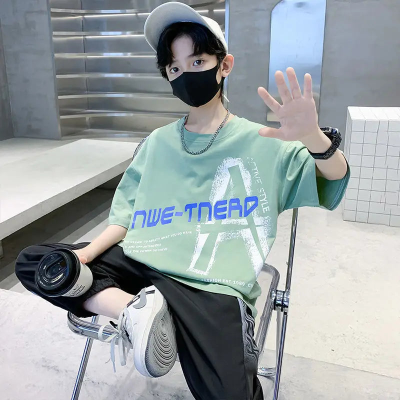 2025 summer Teenager Boys Clothes Casual Kids Tracksuit Child t shirt + Ankle-tied long pant 4 5 6 7 8 9 10 12 11 13 14 Year
