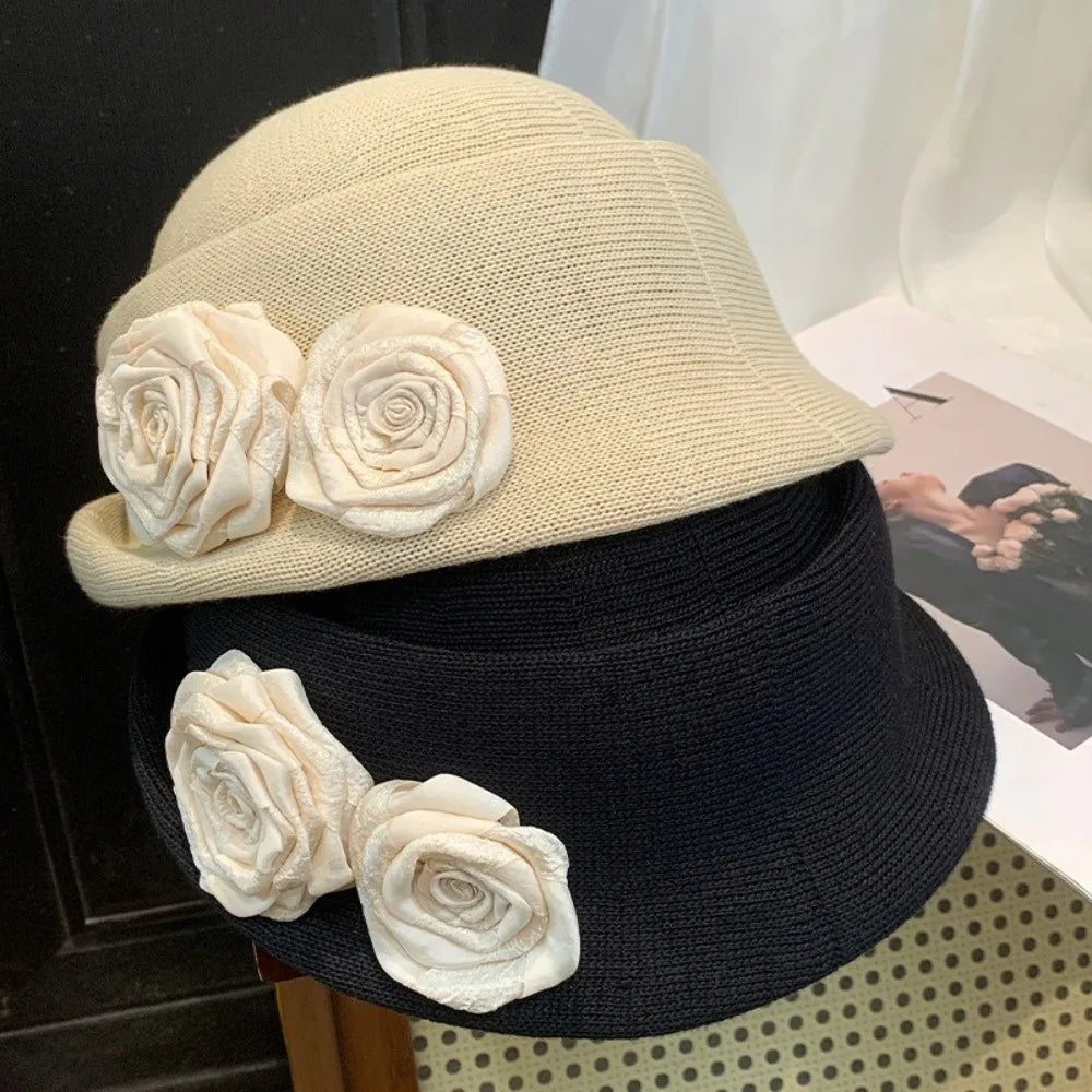 Vintage French Style Camellia Flower Cap Curl Brim Hepburn Floral Bowler Hat Elegant British Women's Formal hat Lady