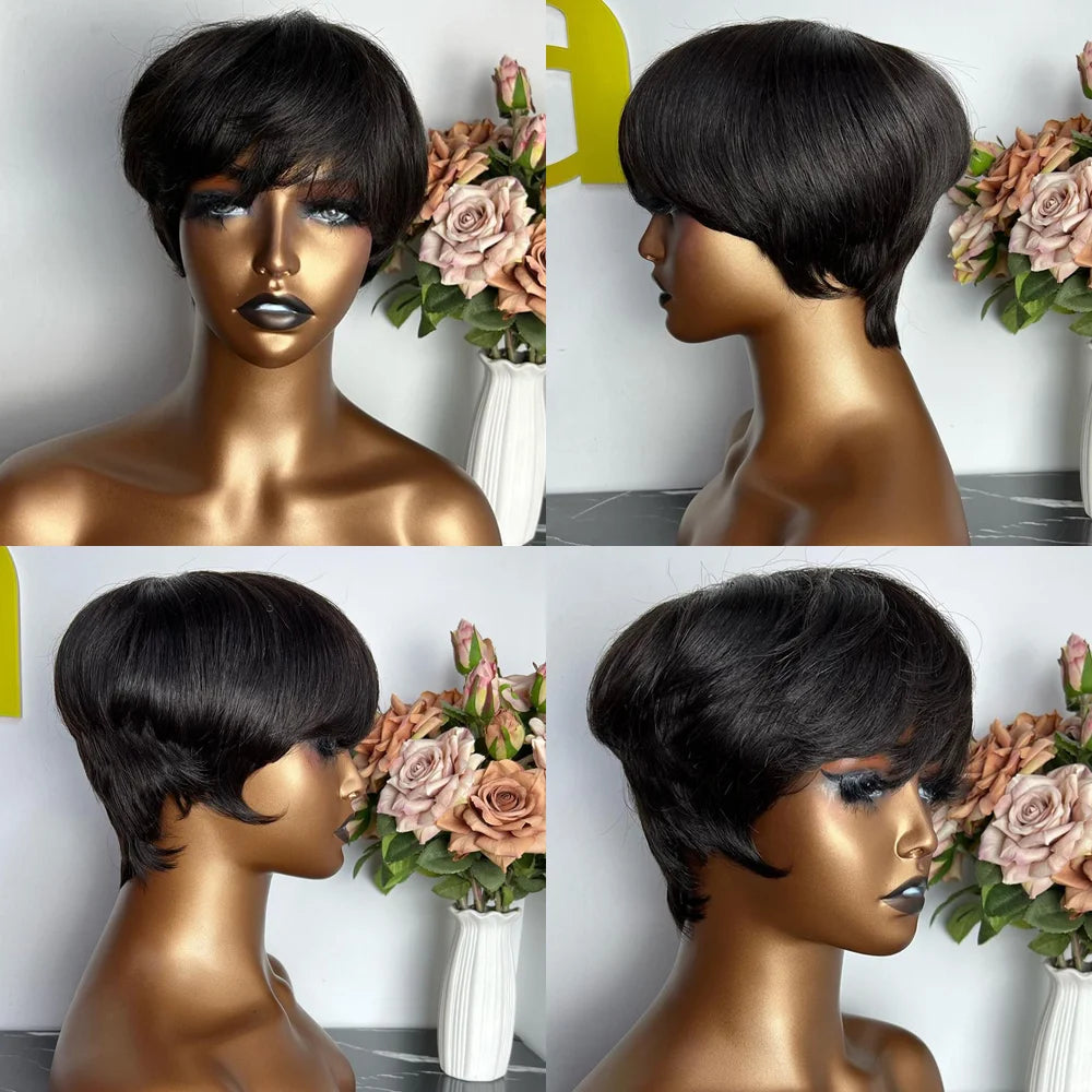 Pelucas Pixie Cut Pelucas de Cabello Humano Peluca Corta Pixie Cut de Cabello Humano para Mujeres Negras Pelucas Hechas a Máquina con Flequillo
