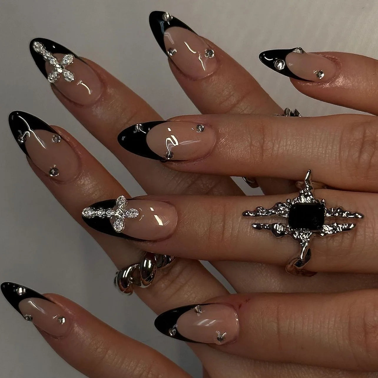 24Pcs Sweet Cool French Press on Nails Almond Acrylic False Nails Cute Cherry Bowknot Fake Nails with Pearl Glitter Diamond Nail