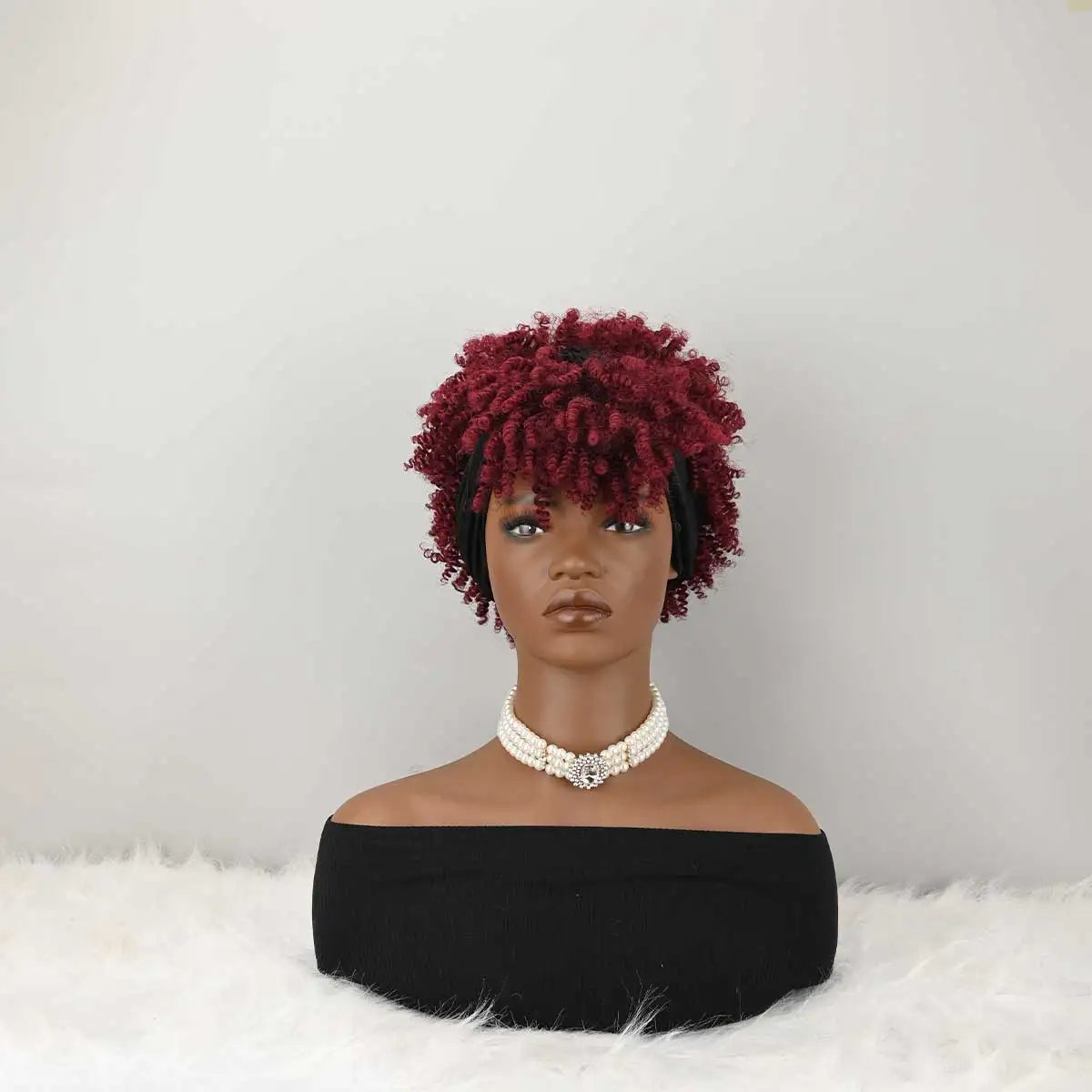 Headband Wig Curly Headband Wig With Bangs For Women Synthetic Afro Curly Hair Wig With Headband Attached Short Kinky Curly Afro High Puff With Bangs Stripes Short Red Curly Wigs with Bangs for Women, Natural Wavy Synthetic W