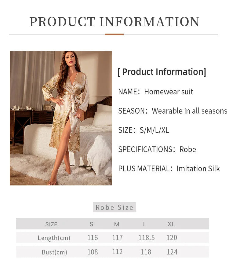 Fashion Home Printed Long Sleeved Nightgown for Women Luxury Thin Sexy Lace Up Morning Gown Cardigan Pajamas Ice Silk Bathrobe