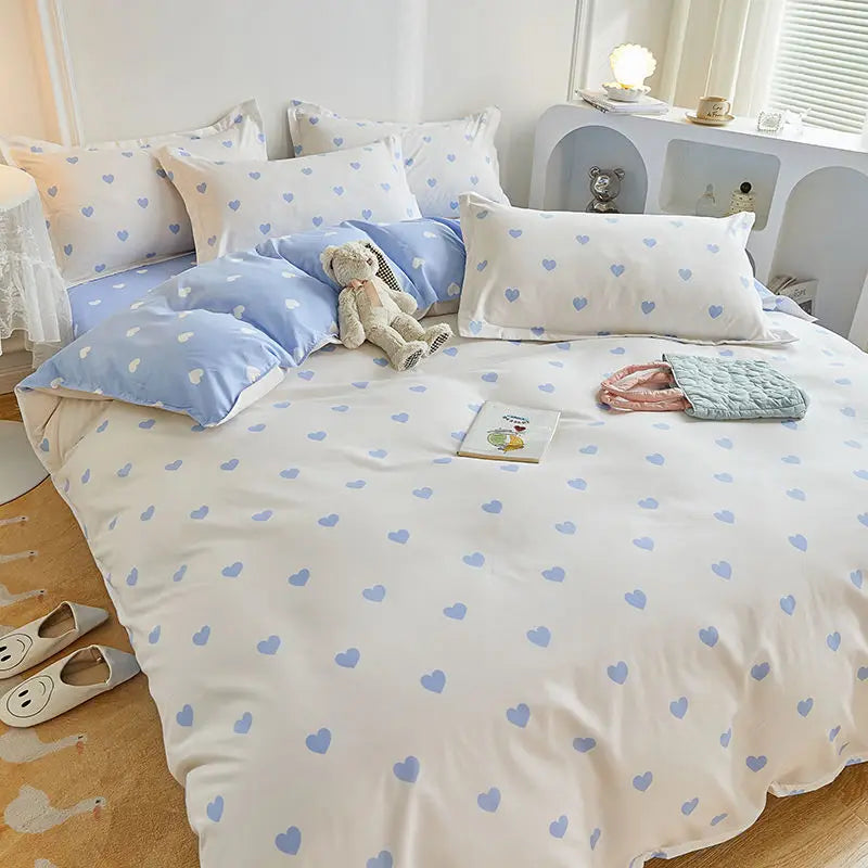 Juego de ropa de cama Kawaii para niños y adultos, sábana encimera, funda de edredón, funda de almohada, tamaño individual, doble, completo, ropa de cama floral de cerezo, textil para el hogar