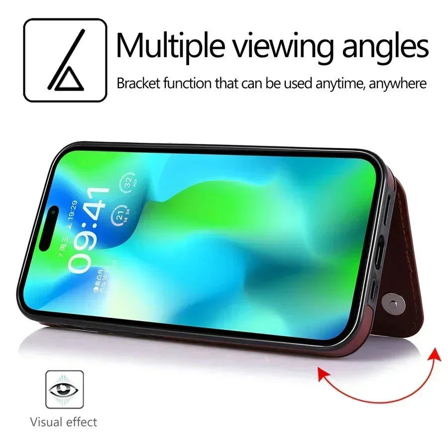 Étui portefeuille à double bouton avec fente pour cartes et support, en cuir, pour iPhone 16e, 16 Pro Max, 15 Plus, 14, 13, 12 Mini, 11, SE3, SE2, X, XR, 8 et 7