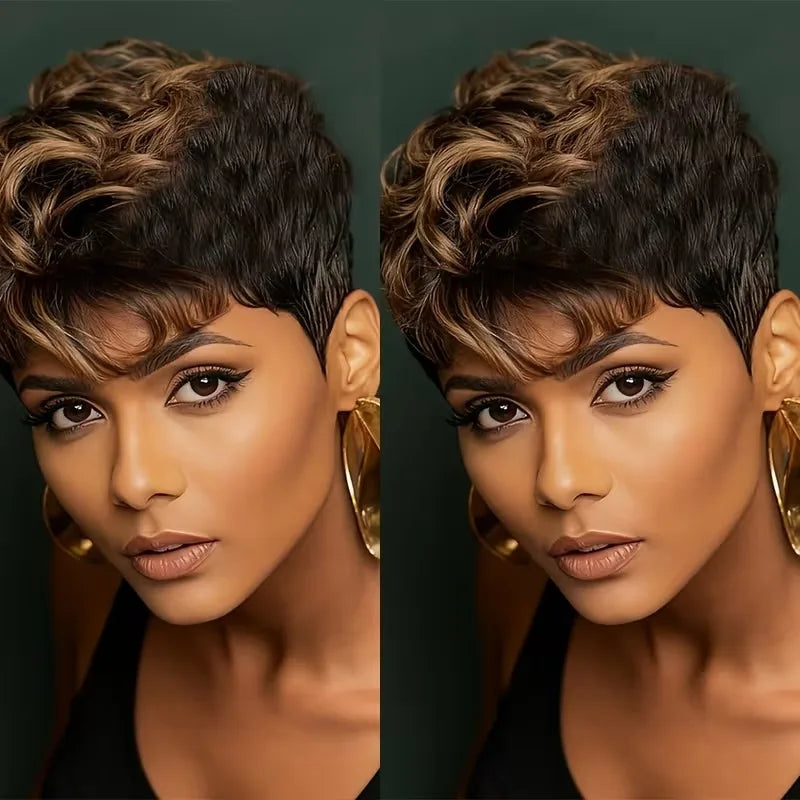 Afro Fluffy Curly Human Hair Wigs Pixie Cut Wig Coffee Brown 100%Human Hair Wig Short Kinky Curly Human Hair Full Machine Wig
