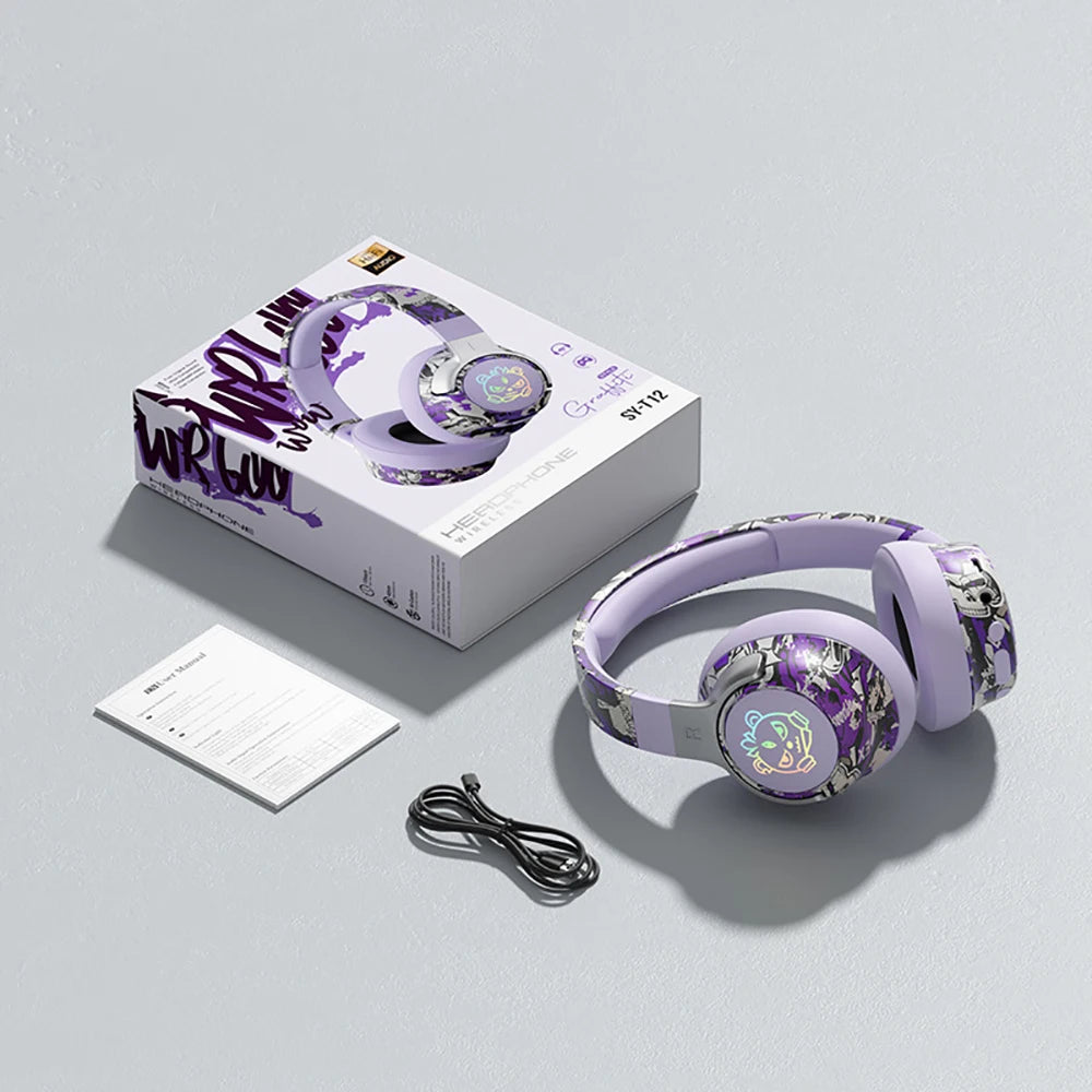 Bluetooth 5.3 Gaming Headset- RGB Lights Wireless Headphones, Low Latency Mode, Noise Cancelling Mic, Comfort Earmuffs for PC