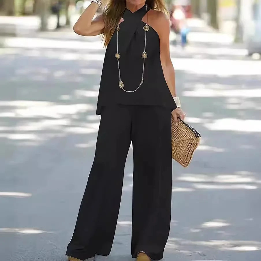 Women's Clothing  New Fashion Casual Halter Neck Solid Color Sleeveless Suit Wide Leg Pants Trousers Two-piece Suit