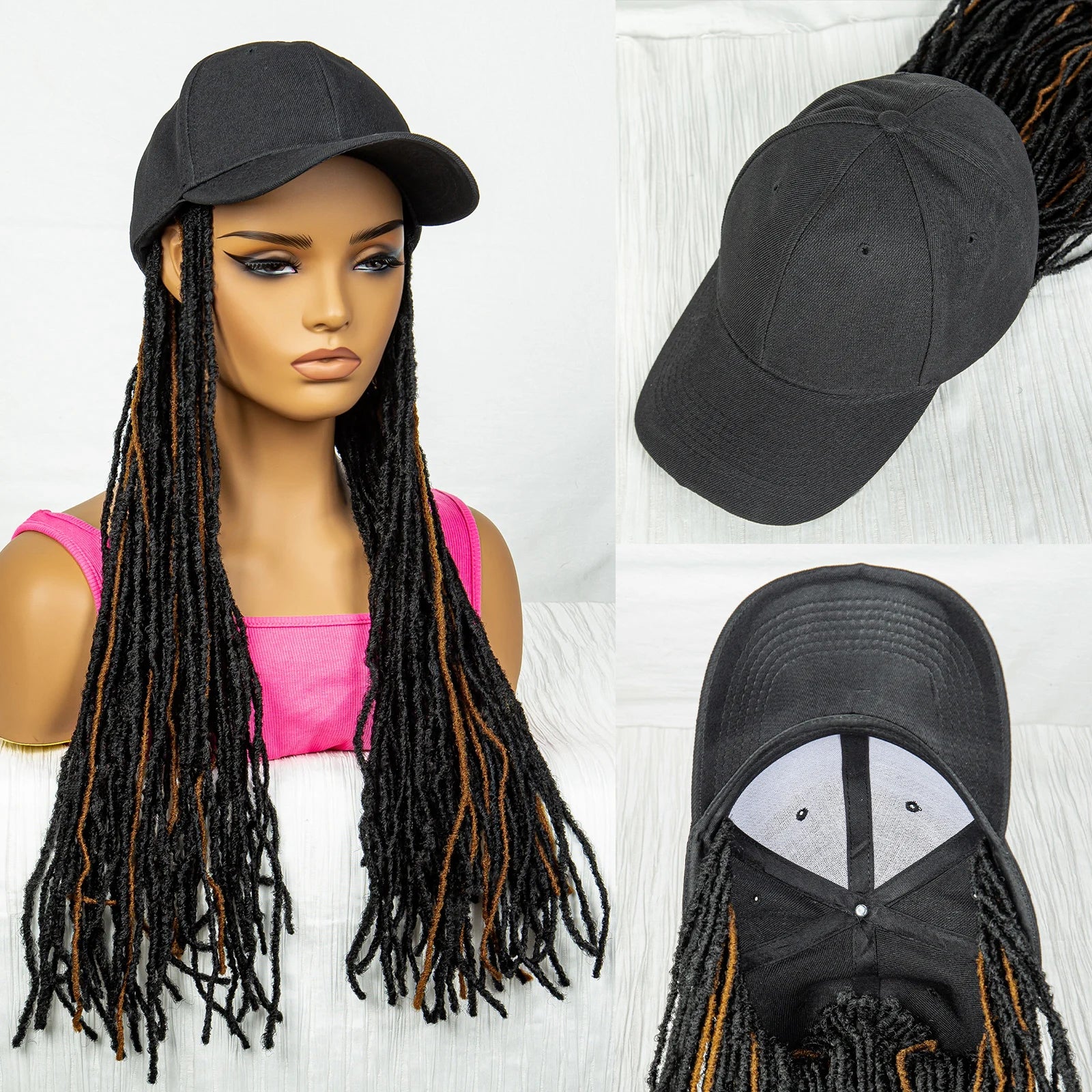 Hat Wig Baseball Cap with Hair Extensions Adjustable Hat Yellow Highlight Dreadlocks Braided Wig with 22 In Goddess Locs Crochet