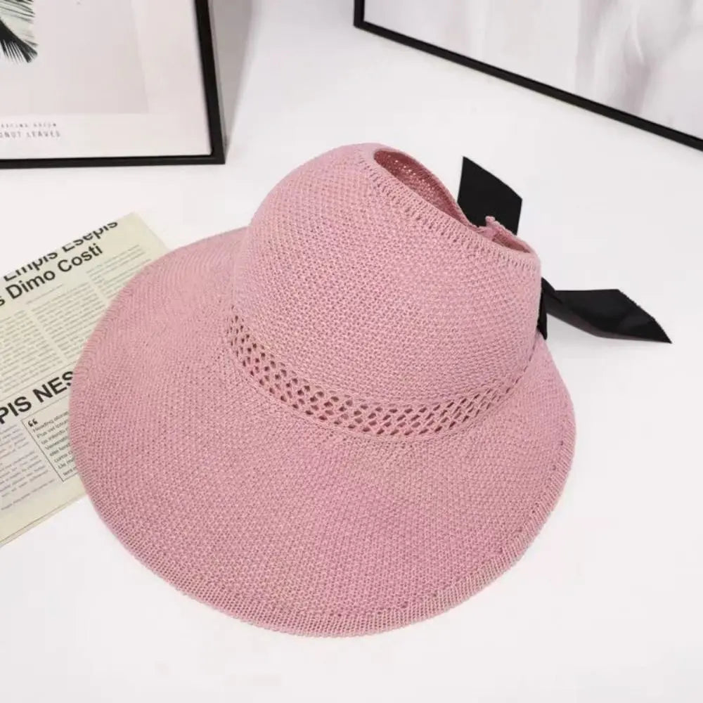 Chapeau de soleil à nœud creux tendance pour femme, large bord, queue de cheval, casquette de plage, protection UV, crochet