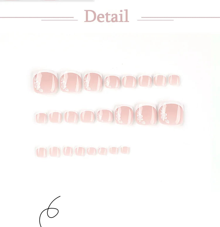 Flowers White French Artificial Toenails Nude Pink Toe False Nails with Glue Wearable Short Flat Shape Fake Toenails Wholesale