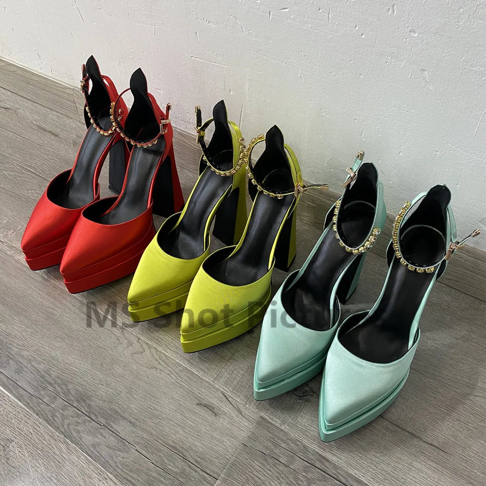 Luxury Women High Heel Shoes Platform Sandals Pointed Toe Woman Silk Pumps Sexy Rhinestone Buckle Chunky Heel Wedding Shoes 2024