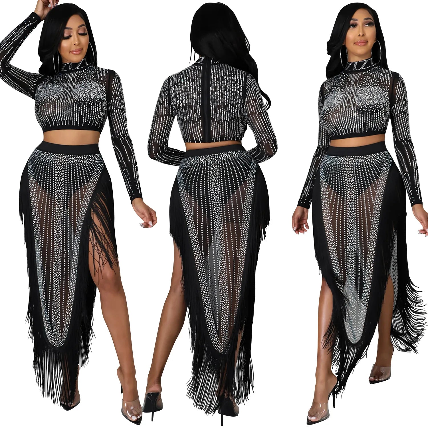 Skirt Set Women Two Piece Sets Dress Sets Mock Neck Matching Set Diamond Short Tops Party High Waist Long Skirts Sexy Hot Tassel