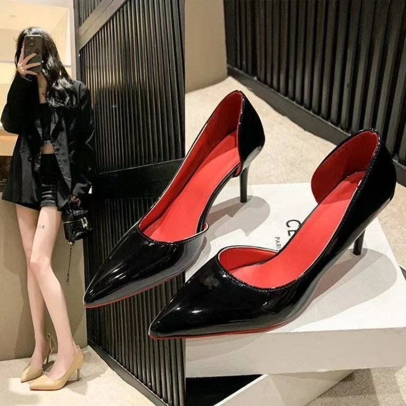 Elegant Hollow Women's High Heels 2025 Luxury Brand Black Pointed Toe Pumps Red Shiny Bottoms Sexy Fashion Ladies Shoes Women