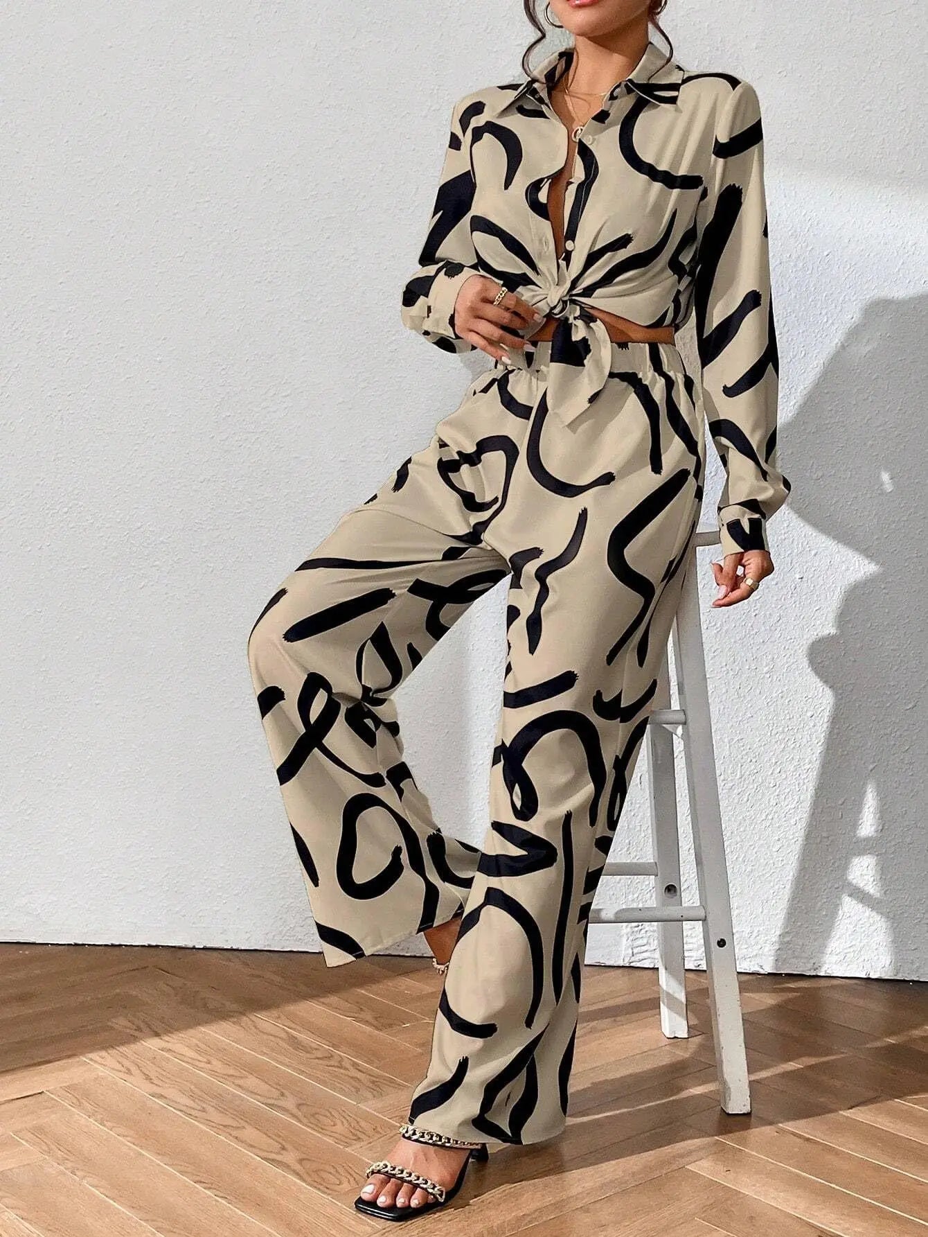 Women Clothing  Autumn New Fashion Print Set Casual Button Collar Shirt Long Sleeved Wide Leg Pants Long Pants Two-piece Set