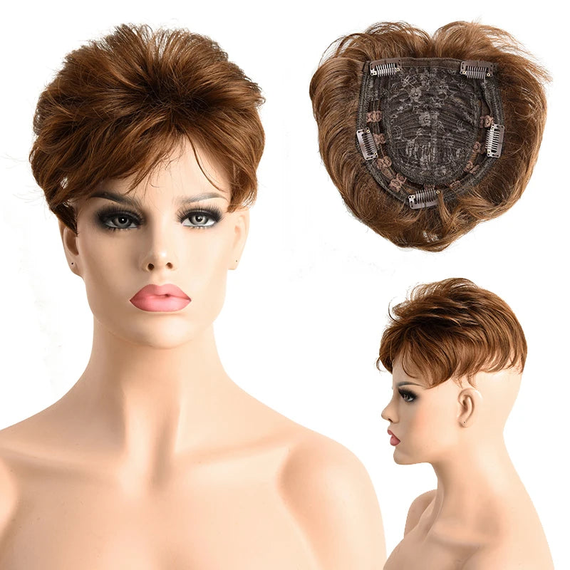 Synthetic Hair Topper Pieces for Thinning Hair Natural Curly Texture 6 Inch Short Pixie Cut Toppers Hair Wigs for Women
