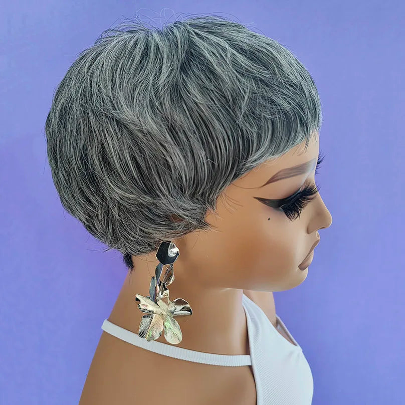 New for Summer Short gray Synthetic wig for women classic gray hairstyle pixie hair wig to mother US