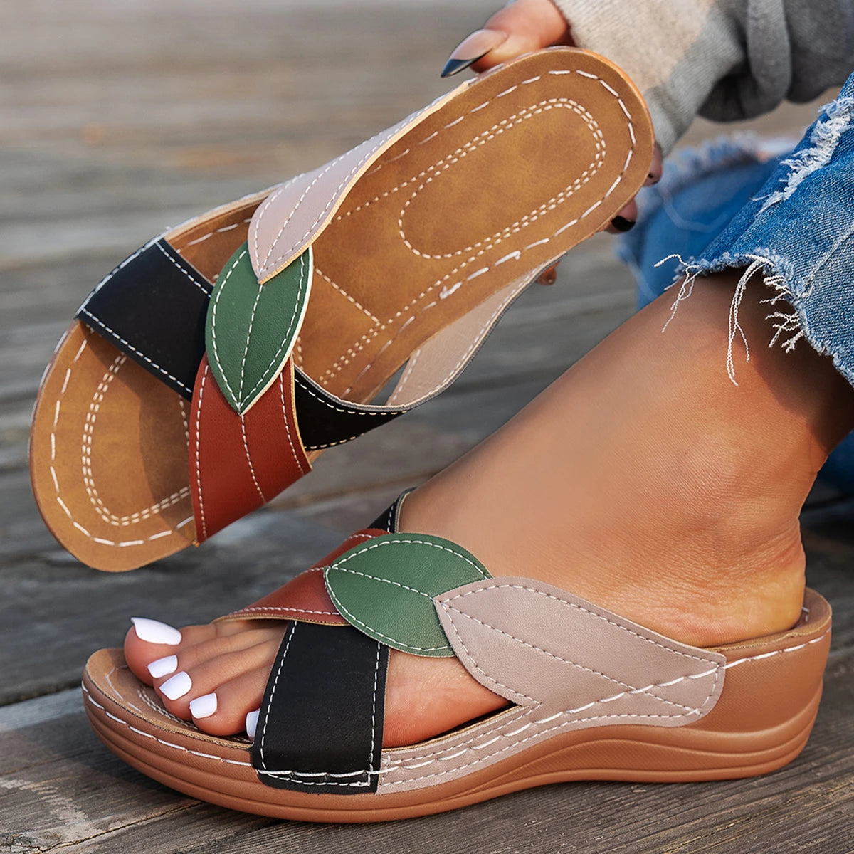 Women Slippers Summer Shoes Woman Mix Color Heels Sandals Summer Women Elegant Heeled Footwear Slippers slides Women