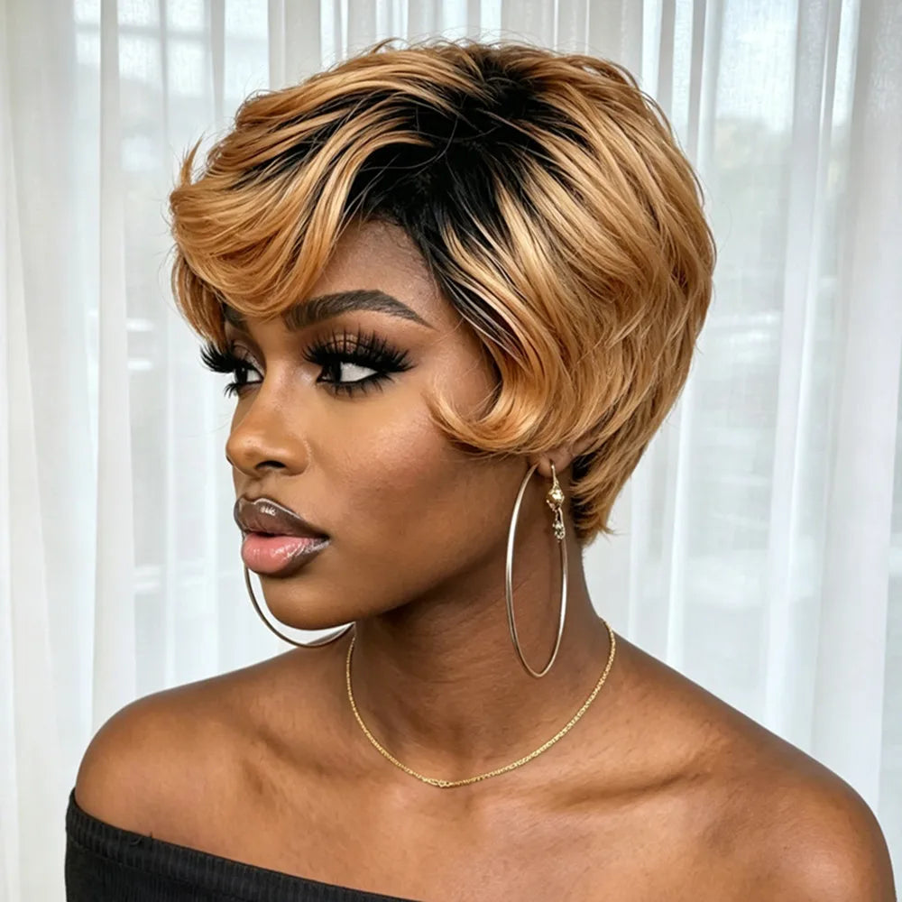 pixie cut wig150% density 4inch machine made pixie short curly 1B30 color human hair wig  for women 150% density daily party use