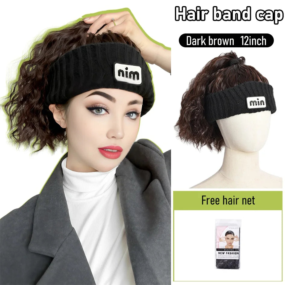 Gorro de punto de 12 pulgadas negro sintético con parte superior hueca, extensiones de peluca de cola de caballo con ondas de agua, logotipo bordado, invierno cálido, Navidad