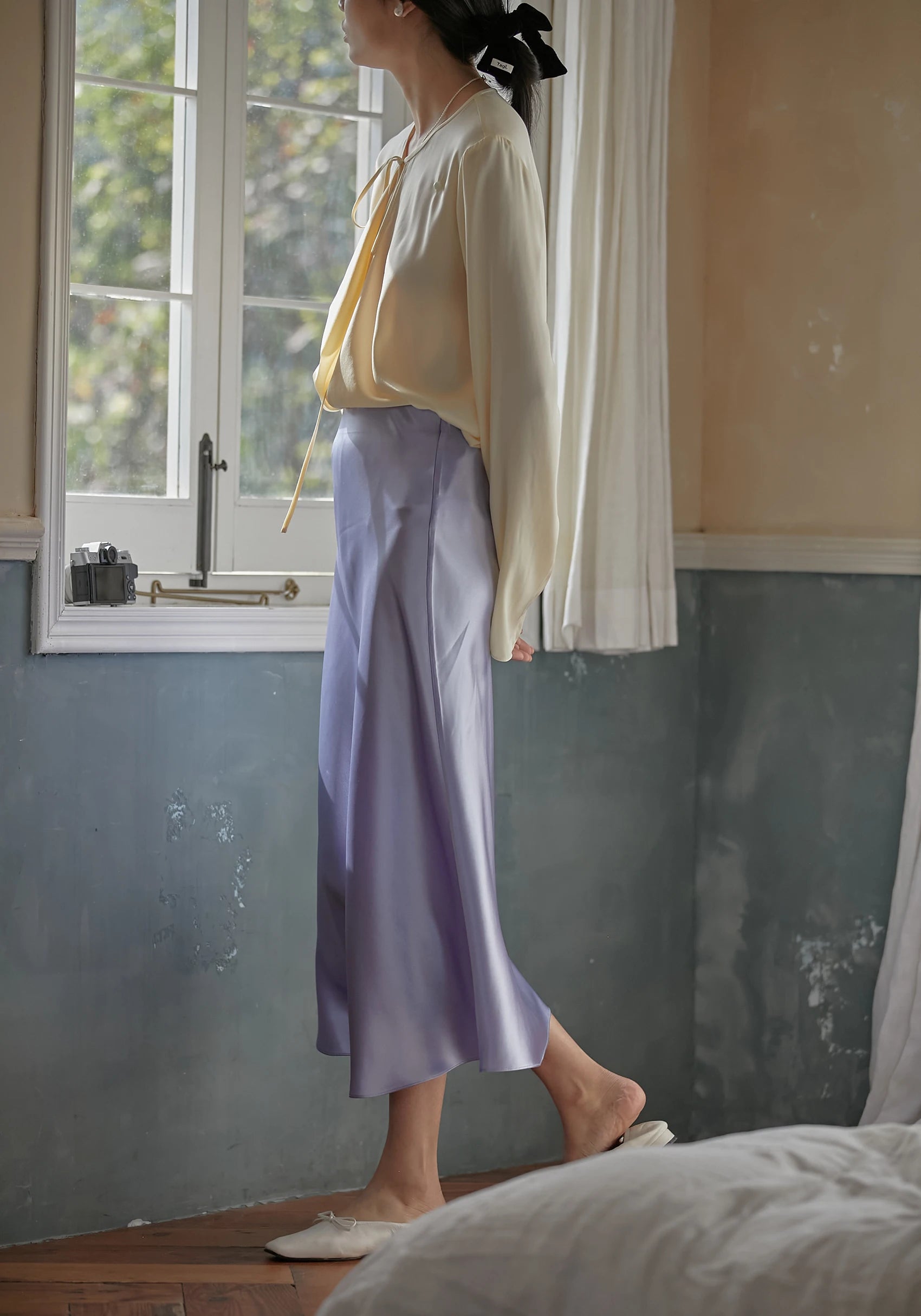 Silk Satin Skirts for Women Korean Style Champagne Office High Waist A-line Skirt Fashion Elegant Solid Long Pencil Skirt 2025